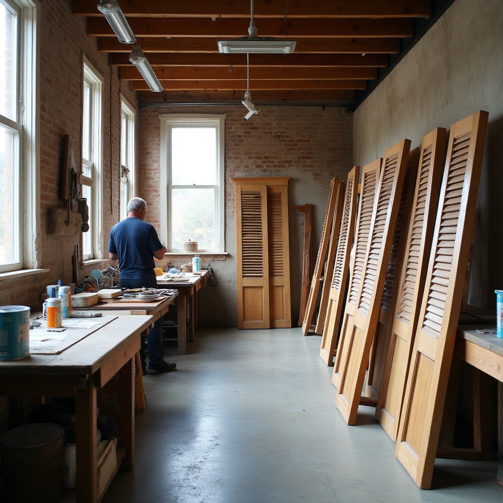 Laboratorio di restauro persiane con strumenti professionali